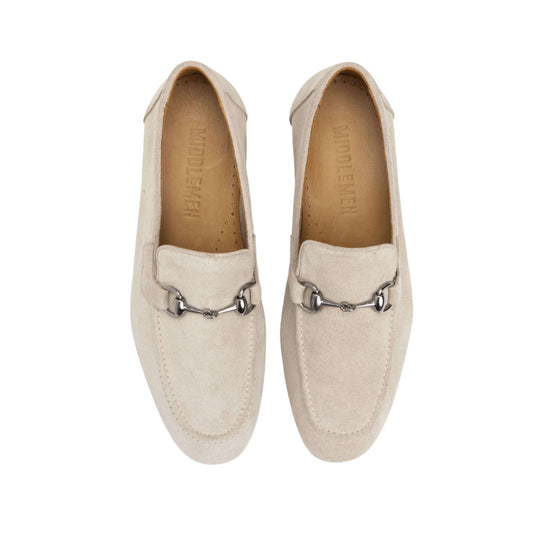 Giulia Loafer – Beige Suede & Silver Buckle